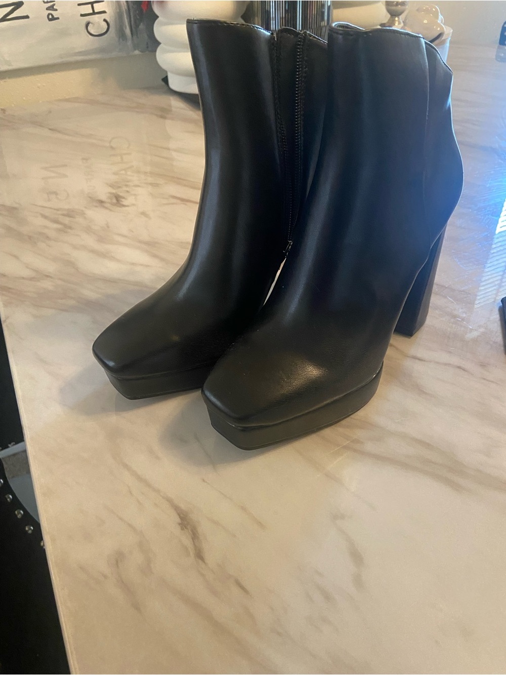 Black Platform Ankle Booties with Block Heel